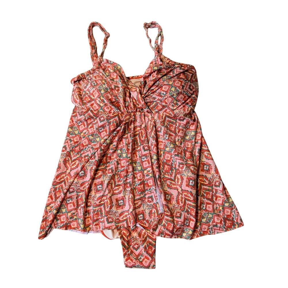 Garnet Hill Signature Crossover Swim Dress Womens 8 Coral Orange Abstract Geo